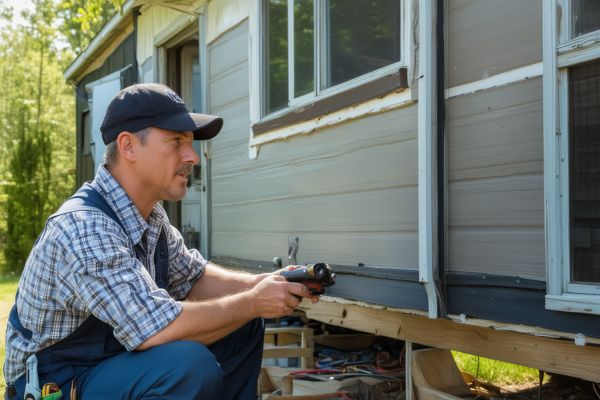 Professional mobile home repair technician working